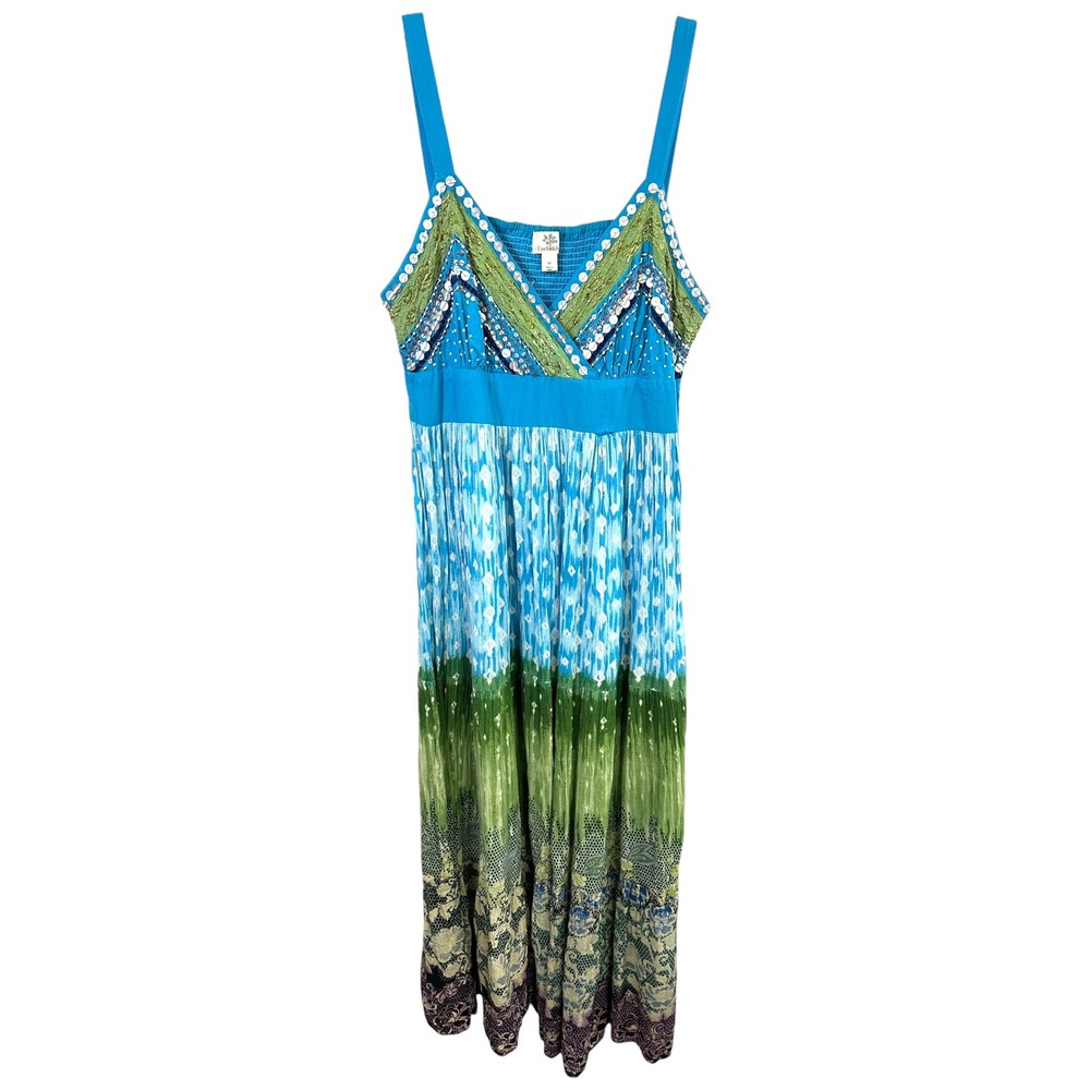 Forbidden Medium‎ Maxi Dress Blue Green Tiered Beaded Fairy Festival Hippie 251